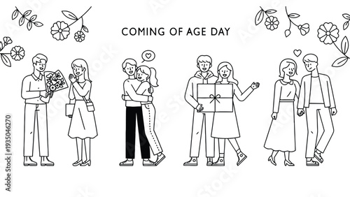 People celebrate Coming of Age Day with flowers and gifts illustration