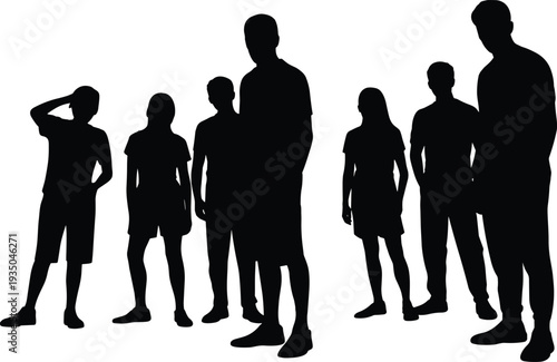 Group of people standing silhouettes set, casual men and women crowd figures collection, diverse community vector illustration isolated on white