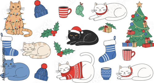 Cute Christmas Cats Collection with Holiday Decorations Christmas Tree Stockings Hats and Gifts Vector Illustration