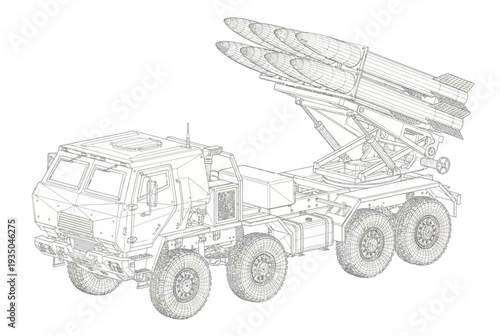 Military Missile Launcher Truck Wireframe Technical Drawing of Tactical Artillery Vehicle