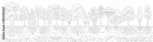 Comprehensive Cross Section of Various Trees and Underground Root Systems Line Art Illustration