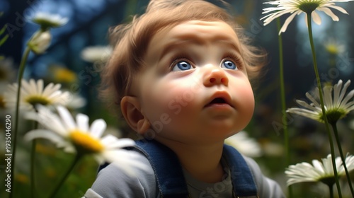 Wallpaper Mural Curious Baby Gazing at Daisies in a Lush Meadow Torontodigital.ca
