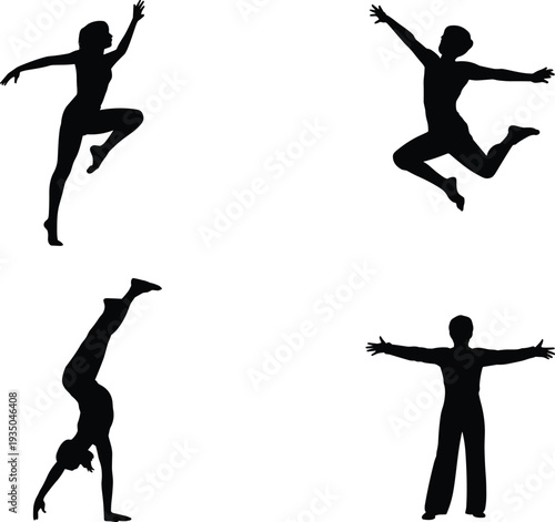 Gymnast silhouettes set performing jumps and handstand poses, athletic movement training vector illustration isolated on white background for sports design
