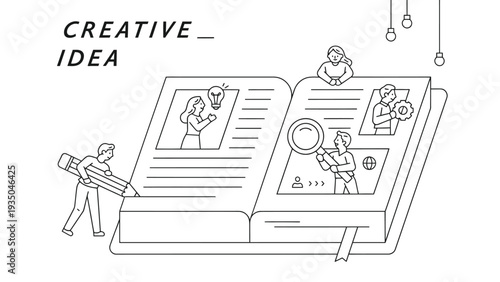 Book vector illustration with creative idea and people inside pages