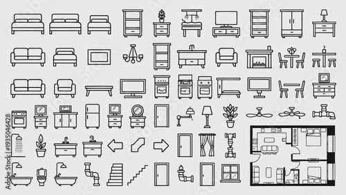 Interior Design Furniture Icons and Architectural Symbols for Floor Plan Drafting