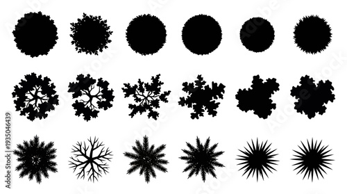 Set of Minimalist Tree Plan Silhouettes and Nature Symbols for Architectural Site Mapping and Landscape Design