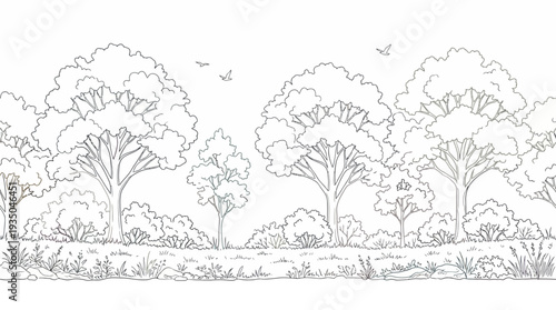 Panoramic Forest Landscape Line Art with Trees and Grass for Nature Backgrounds