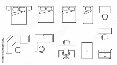 Bedroom and Home Office Furniture Symbols Set for Architectural Plan Layout