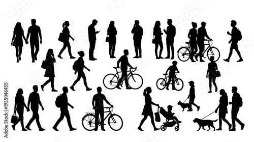 Diverse Pedestrian Silhouettes Vector Set of People Walking Cycling and Dog Walking