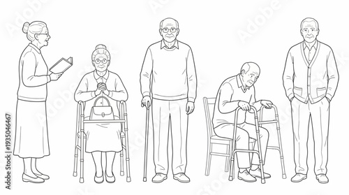 Senior Citizens and Elderly People Line Art Vector Set for Healthcare and Aging Concepts