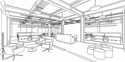 Modern Industrial Office Perspective Drawing, Hand Drawn Line Art of Open Plan Workspace with Lounge Seating and Exposed Ceiling Beams