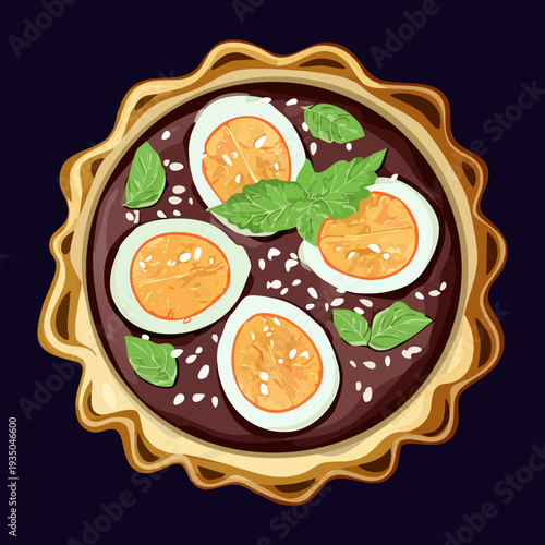 Symmetrical tartlet featuring four egg halves and fresh basil leaves on a deep black circular plate - Vector Illustration