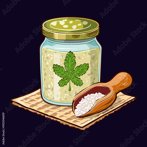 Culinary herb jar with green leaves and seasoning powder on a dark surface for food photography - Vector Illustration