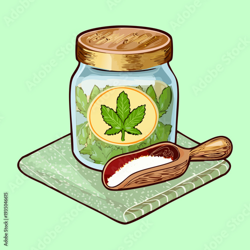 Glass jar filled with fresh green herbs and white powder for seasoning on a checkered cloth - Vector Illustration