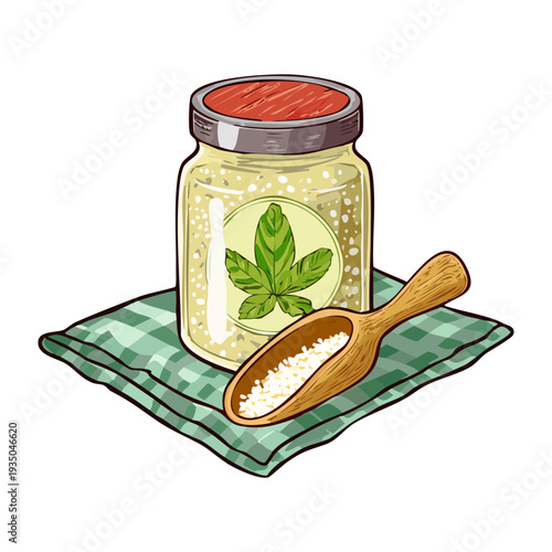 Glass container for spices featuring green herbs and white salt on a light green decorative base - Vector Illustration