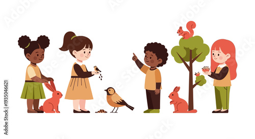 Diverse children happily interacting with and feeding small animals like rabbits birds and a squirrel