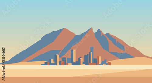 Desert Mountain Landscape with City Skyline Flat Vector Illustration