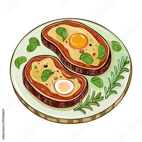 Hearty open faced sandwiches with whole eggs and herbs served on a round light green platter - Vector Illustration