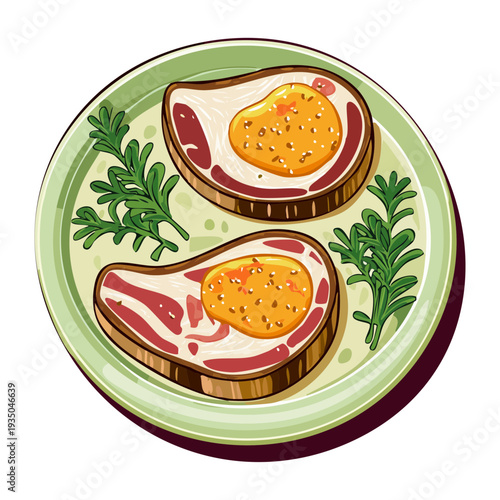 Sliced baguette rounds topped with creamy spread and hard boiled egg halves on a green dish - Vector Illustration