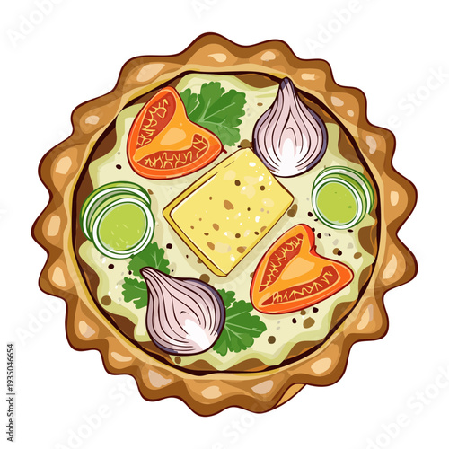 Mini quiche pastry filled with cheese onions and herbs on a light mint green background tile - Vector Illustration