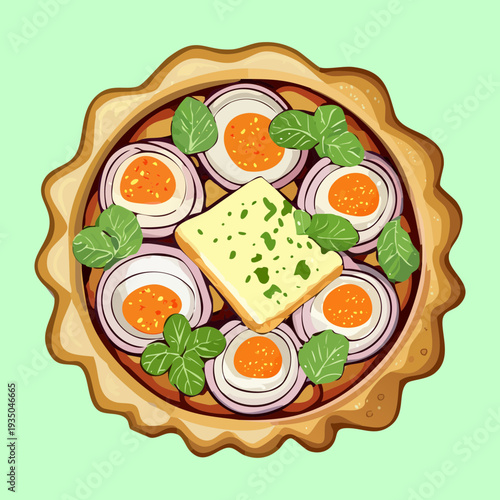 Pastry tart filled with four egg halves and fresh parsley on a light green circular plate - Vector Illustration