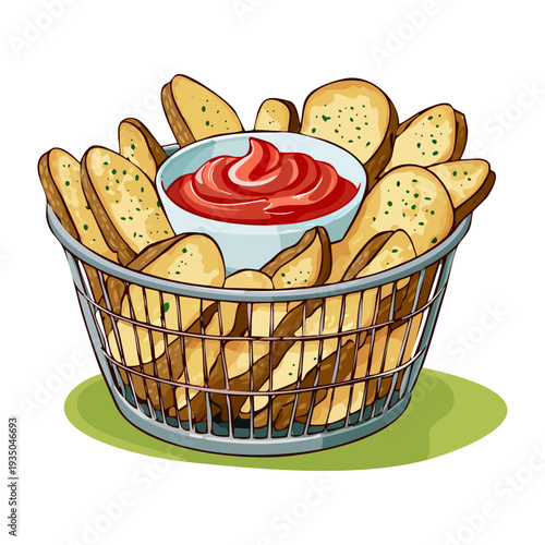Wire basket filled with golden fried potato wedges and a small bowl of spicy tomato dip - Vector Illustration