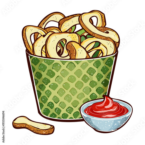 Basket of crispy fried onion rings with a side of tomato ketchup in a small bowl - Vector Illustration