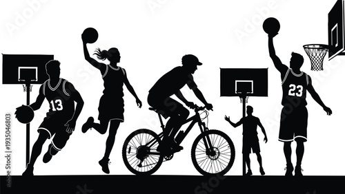Basketball players and cyclist silhouettes isolated on white background dynamic sports action illustration set with athletes dunking dribbling and urban biking scene