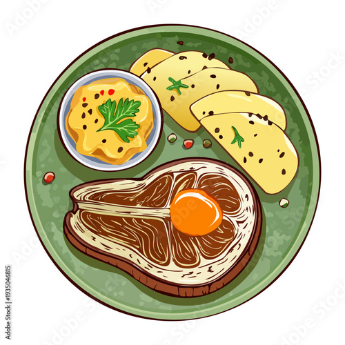 Hearty meal of steak and fried egg served with mashed potatoes on a green plate - Vector Illustration