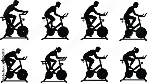Stationary bike cycling silhouettes set with male athletes training indoors, cardio fitness workout vector illustration isolated on white background