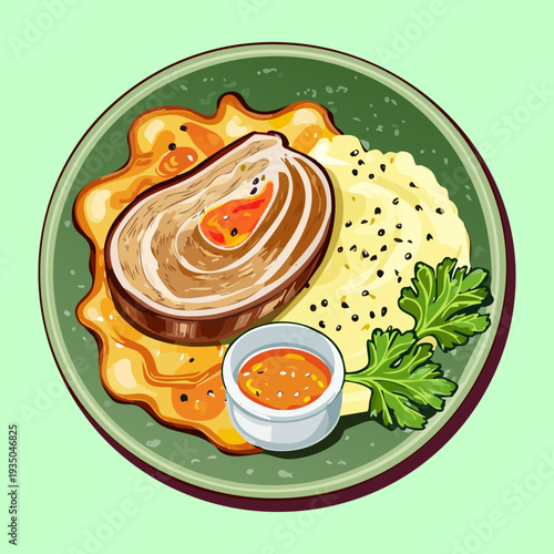 Sliced roast beef with gravy and mashed potatoes served on a decorative green ceramic plate - Vector Illustration