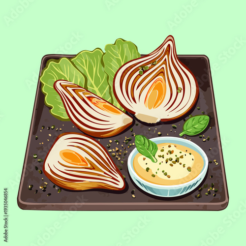 Roasted onion halves served with a dipping sauce and fresh herbs on a dark square tray - Vector Illustration