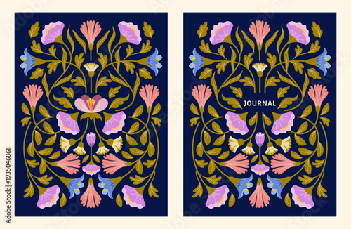 Journal covers with floral leaves and plants, floral cover planner, notebooks, background with symmetrical botanical, Vector illustration