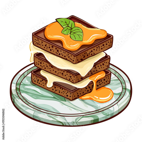 Stack of toasted brown bread with melted cheese or honey drizzled over the top on green - Vector Illustration