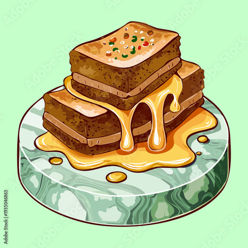 Three pieces of toasted cake or bread with golden syrup on a light green circular base - Vector Illustration