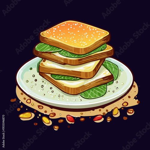 Triple decker sandwich with multiple layers of bread cheese and greens on a dark circular plate - Vector Illustration