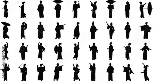 Japanese kimono people silhouettes set, traditional Japan culture characters collection with umbrella poses, Asian costume figures, black vector illustration isolated