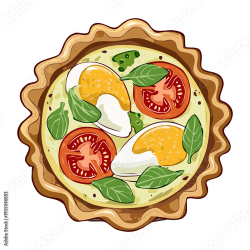 Individual savory egg tart with tomatoes and herbs in a golden pastry crust on green tile - Vector Illustration