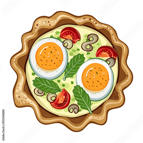 Quiche pastry filled with two whole eggs and green leaves served on a light green base - Vector Illustration