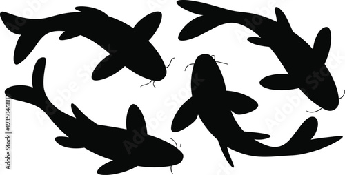 Koi fish silhouettes collection swimming in circular motion, decorative Japanese carp design, aquatic wildlife illustration isolated black vector set