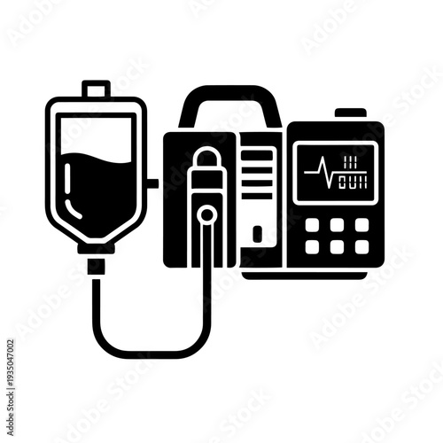 Infusion Pump Device Black and White Vector Icon Intravenous Therapy Machine Line Art Illustration for Hospital Intensive Care Clinical Treatment and Medical Equipment Use