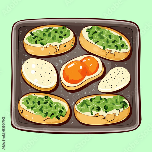 Tray of six small bruschetta slices with different toppings including greens and tomatoes on green - Vector Illustration