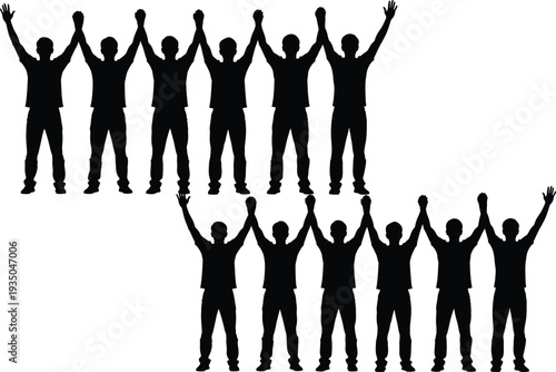 Team unity people silhouettes holding hands up, teamwork success concept, group celebration, partnership support, community solidarity vector illustration