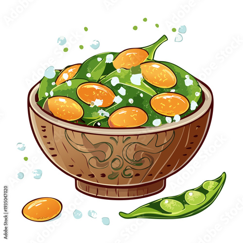 Decorative bowl of cooked green beans with herb garnish on a light green background - Vector Illustration