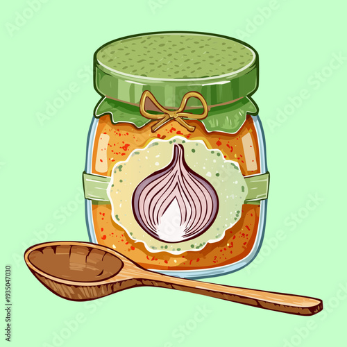 Preserve jar containing onion and spice mix with a wooden spoon on a green tile - Vector Illustration