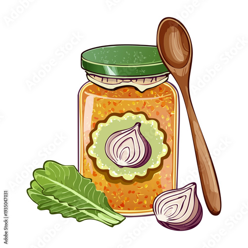 Glass jar of homemade onion chutney or preserve with a wooden spoon and fresh herbs - Vector Illustration
