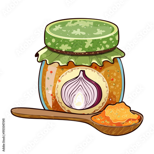 Jar of pickled onions or relish with a wooden spoon served on a light green background - Vector Illustration