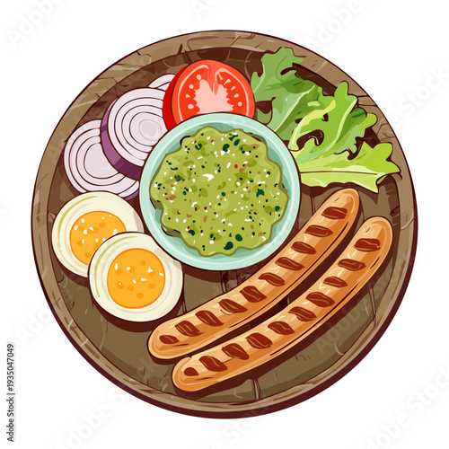 Platter of breakfast sausages fried eggs and greens served on a dark circular wooden board - Vector Illustration