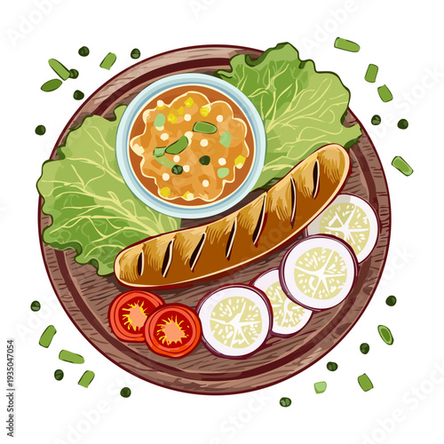 Healthy breakfast board with grilled sausage egg salad and fresh herbs for a morning meal - Vector Illustration