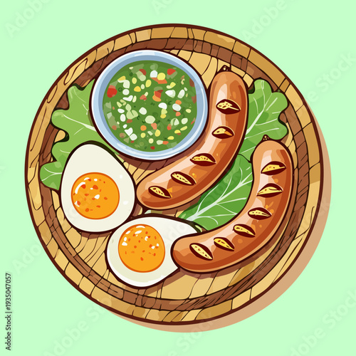 Traditional breakfast plate with sausages fried egg and herb dip on a light green platter - Vector Illustration